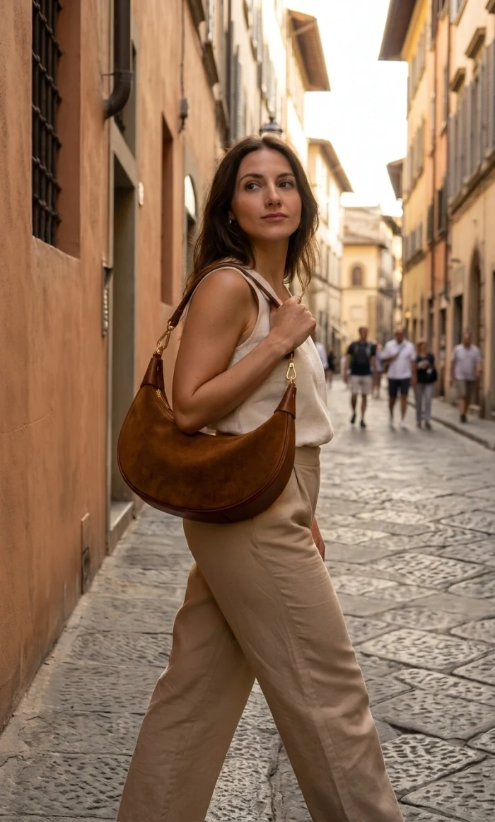 Mujer con bolso de cuero en callejón toscano