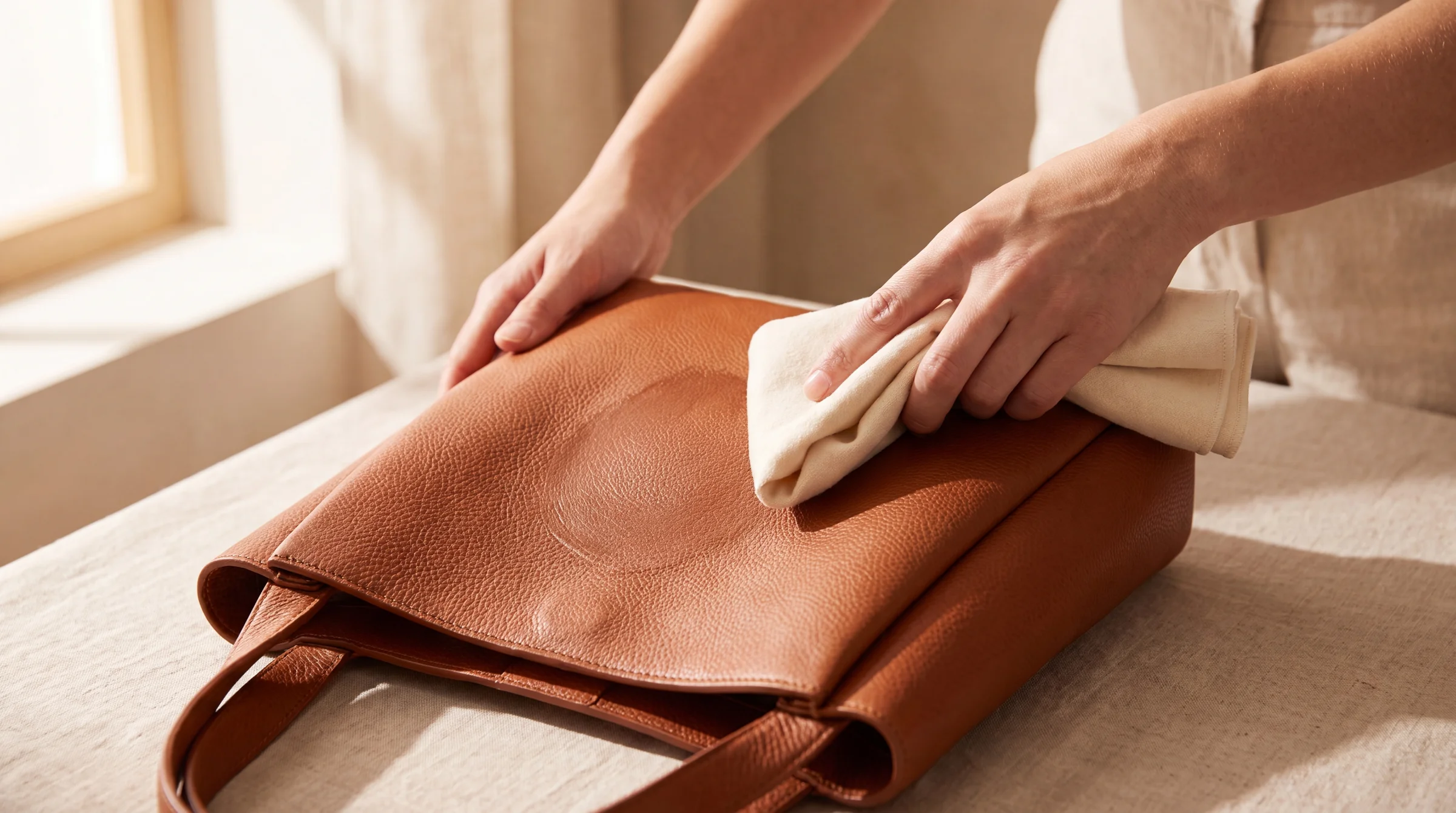 Manos aplicando bálsamo de cuero con un paño sobre una cartera Floremané en cuero cognac